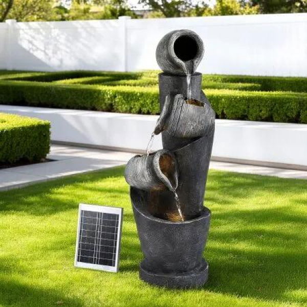 Gardeon Solar Fountain Water Feature Cascading Fountain 3-Tier Pot LED Lights 80CM Grey