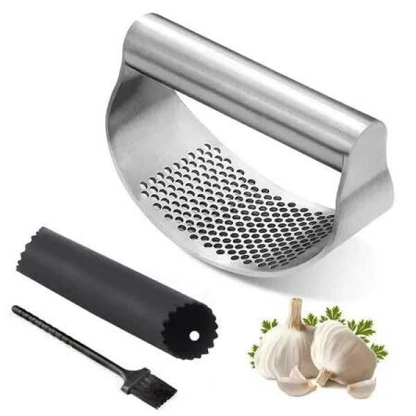 Garlic Press Rocker, Stainless Steel Garlic Crusher Mincer With Garlic Peeling Set And Cleaning Brush