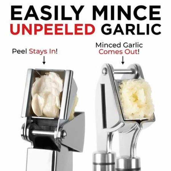 Garlic Press. Stainless Steel Mincer & Crusher With Silicone Roller Peeler. Easy Squeeze. Rustproof. Dishwasher Safe. Easy Clean.