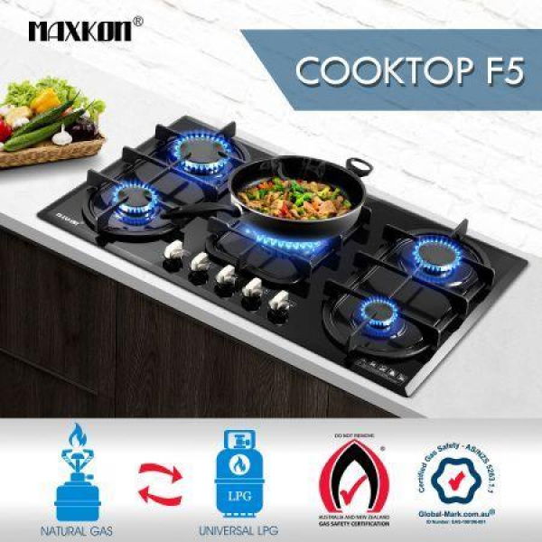 Gas Cooktop Black Crystal Glass Top 5 Burner Gas Stove NG LPG