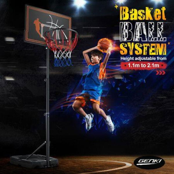 Genki 1.1 to 2.1m Portable Basketball System Stand Ring Hoop Height Adjustable Equipment Indoor for Kids Adults