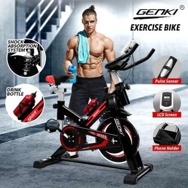 Genki Indoor Cycling Exercise Bike Stationary Spin Bicycle Shock Absorbing Training Red