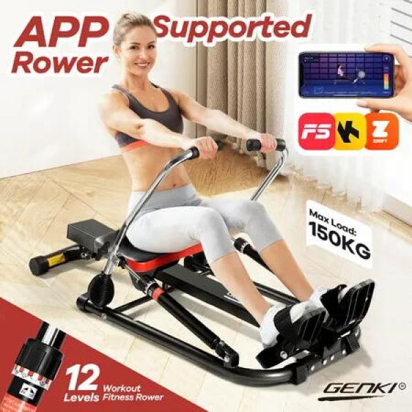 Genki Rowing Machine Home Gym Fitness Exercise Equipment Cardio Workout Trainer Rower APP Double Hydraulic 12 Levels Resistance