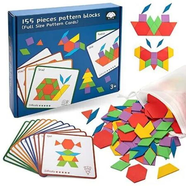 Geometric Shapes Tangrams Wooden Puzzle Toy,155 Pieces Wooden Pattern Blocks,Wooden Intelligence Puzzle,Montessori Educational Toy,Gifts For Children