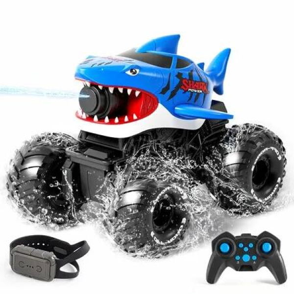 Gesture Sensing Amphibious Remote Control Shark Monster Truck with Water Squirt 4WD 1:16 RC Car All-Terrain Waterproof Toy Gifts for Boys Age 6+,Blue