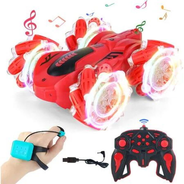 Gesture Sensing RC Stunt Car with Light, 2.4G 4WD Hand Controlled Gravity Remote Control Car Toy with 360 Degree Flips Car for Boys Age 6 and Up, Red