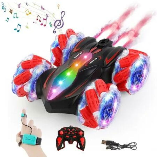 Gesture Sensing RC Stunt Car with Lights & Music, Hand Gesture Remote Control Car Toy with 360 Degree Spins Birthday Toys Gifts for Kids (Red)