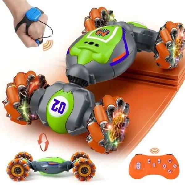 Gesture Sensing RC Stunt Car,4WD Hand Controlled Remote Control Twist Car with Light Music,Ideas Gifts for Kids Age 3+ (Green)