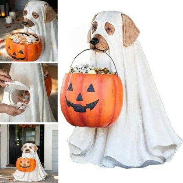 Ghost Dog Candy Bowl Holder With Life Size Trick Or Treat Indoor Outdoor Halloween Party Decorations Gifts