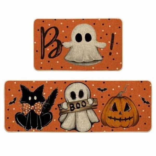 Ghost Pumpkin Cat Boo Orange Halloween Kitchen Mats Set of 2,Black Home Decor Low-Profile Kitchen Rugs for Floor(50*80-50*120CM)