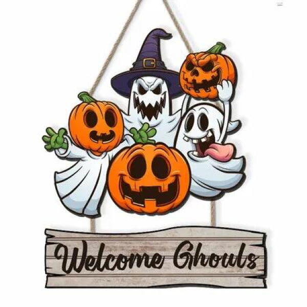 Ghouls Halloween Decor Ghost Wall Hanging Sign Wooden Plaque,Scary Halloween Signs,Spooky Pumpkins Wall Art Party Decor