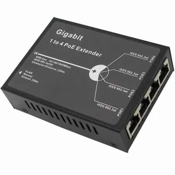 Gigabit POE Extender 4 Channel PoE Repeater 100/250m Extension 10/100/1000Mbps IEEE 802.3at PoE Amplifier Ethernet Switch