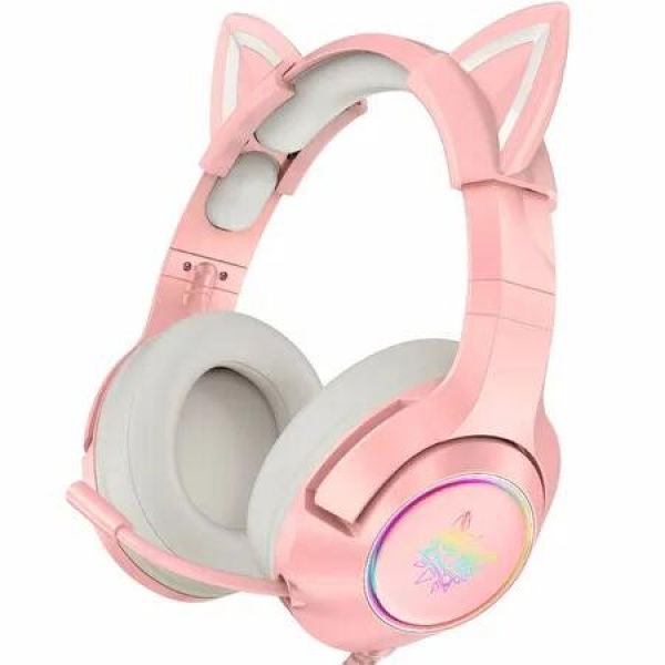 Girl Gaming Headset for PS4, PS5, One(No Adapter), Wired Over Ear Headphones with Detachable Cat Ears, Noise Cancelling Microphone, RGB Backlight, Surround Sound for PC Pink