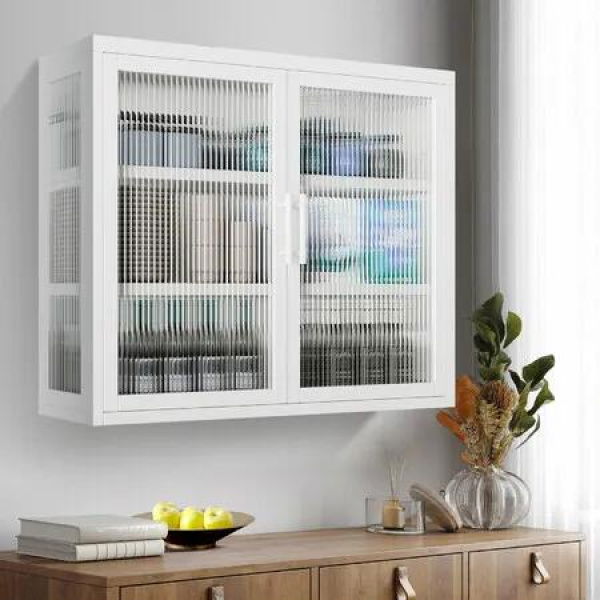 Glass Display Cabinet Wall Mounted Metal Bathroom Kitchen Pantry Cupboard Storage Case Bookshelf Shelving Unit Furniture 3 Tier Organiser