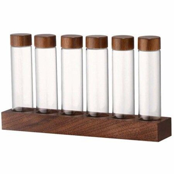 Glass Test Tube Set with Plastic Stoppers and Wood Rack Glass Coffee Bean Container Mini Glass Bottles Jars for Lab,Party Favors,Candy,Beads,6 Piece Set/19ml