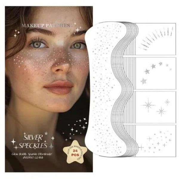 Glitter Freckles,24PCS Glitter Freckles Face Tattoo,Sparkle Freckles,Waterproof Gold Temporary Face Tattoos Glitter Glow Up Patches Makeup Patches (Silver)