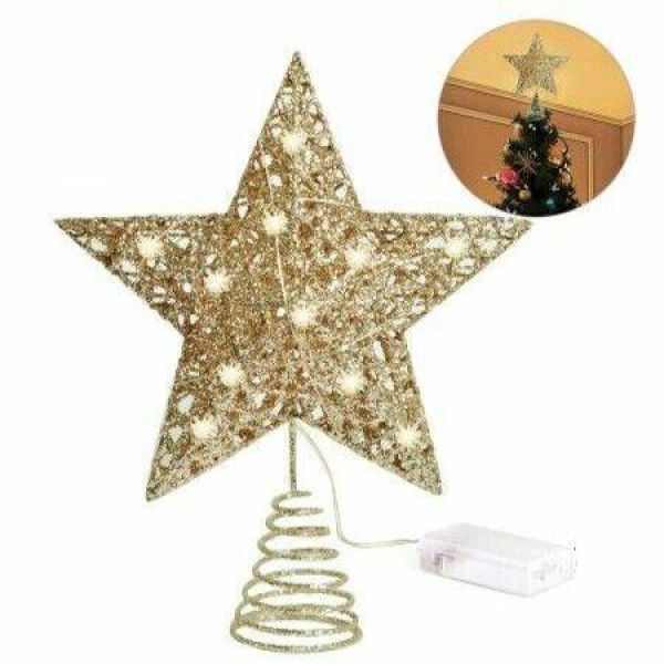 Glittered Christmas Tree Topper 25cm Metal Star Treetop 30 LED Xmas Topper Star For Christmas Tree Decoration (Gold)