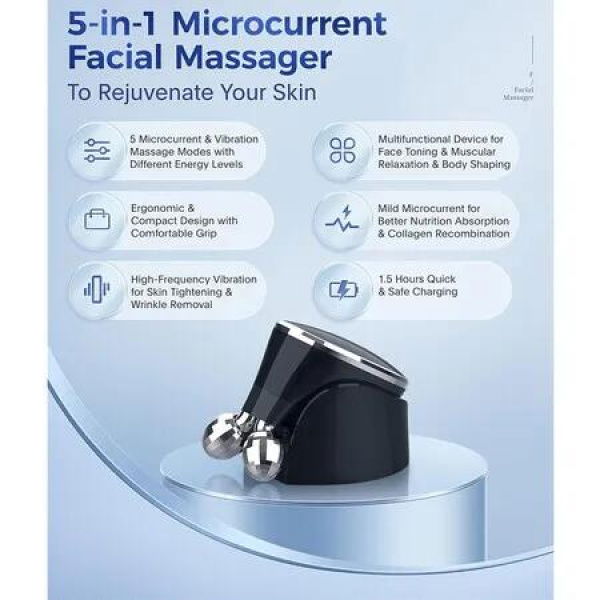 Glossy Black Microcurrent Massager for Facial Skin Tightening