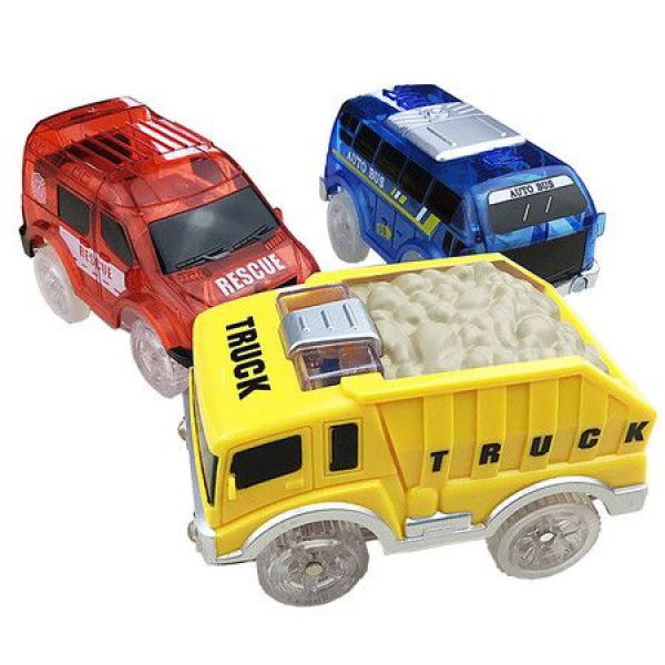 Glow In The Dark Replacement Race Cars - Battery Operated Ttrax Cars For Track Accessories With 5 Flashing LED Lights - Compatible With Tracks For Kids (3 Pack)