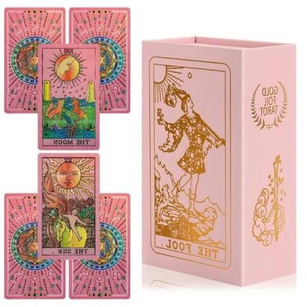 gold foil accents Pink Tarot Cards with Guidebook Includes card meanings printed for quick reference,Waterproof & Wrinkle Resistant