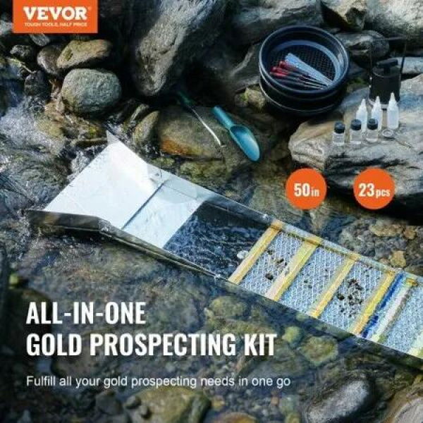 Gold Panning Kit With Sluice Box, 50' Aluminum Gold Mining Equipment, 23 PCS Gold Prospecting Kit with Gold Pan, Classifier Screen, Separating Magnet, Drawstring Backpack and Accessories