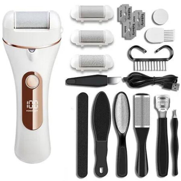 Golden Electric Callus Remover for Feet,Rechargeable Waterproof 14 in 1 Professional Pedicure Kit for Cracked Heels & Dead Skin,Battery Display