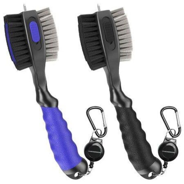 Golf Club Brushes And Groove Cleaner With Magnetic Keychain Oversized Golf Brush Head And Retractable Spike Super Non-Slip Handle Comfortable Grip Golf Club Cleaner (2 Pack Black & Blue)