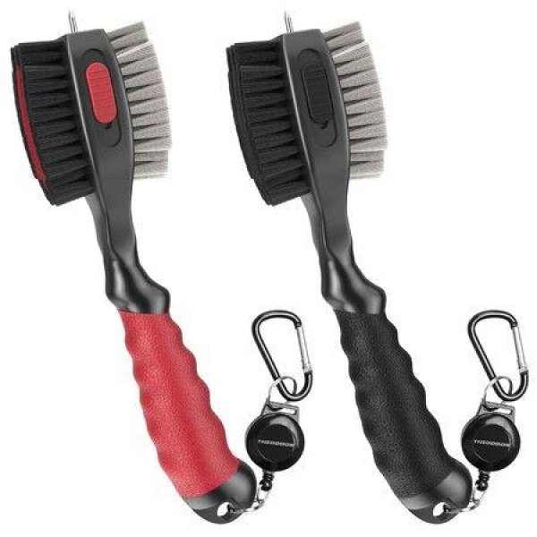 Golf Club Brushes And Groove Cleaner With Magnetic Keychain Oversized Golf Brush Head And Retractable Spike Super Non-Slip Handle Comfortable Grip Golf Club Cleaner (2 Pack Black & Red)