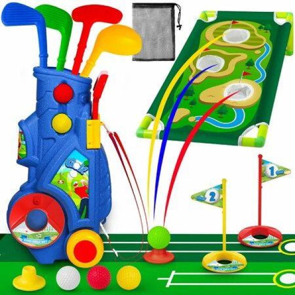 Golf Club Set for Kids,Indoor Outdoor Sports Toys,Toddler Golf Set with Golf Board,Putting Mat,8 Balls,4 Golf Clubs,Golf Cart,Ages 3+ (With Stand)