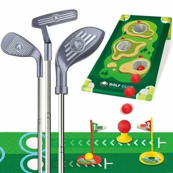 Golf Clubs Adjustable Toys Set Practice Putting Mat Cornhole Board Sports Indoor Outdoor Backyard Golfing Game Playset Gifts Kids Age3+
