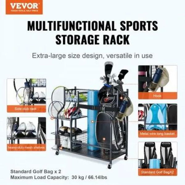 Golf Storage Garage Organizer 2 Golf Bag Stand Holder and Other Sports Equipment Storage Rack Rolling Ball Cart on Wheels Outdoor Sport Gear & Toy Storage