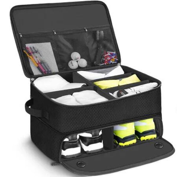 Golf Trunk Organizer 2 Layer Waterproof Car Locker Ventilated Compartment 2 Pair Shoes Durable Storage Balls Tees Clothes Gloves Accessories Gift Black