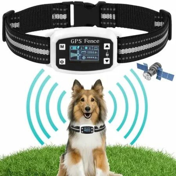 GPS Wireless Dog Fence, Dog Boundary Containment System Electric Training Collar Effective Beep Shock Dog Fence, Waterproof Adjustable Control Range,White