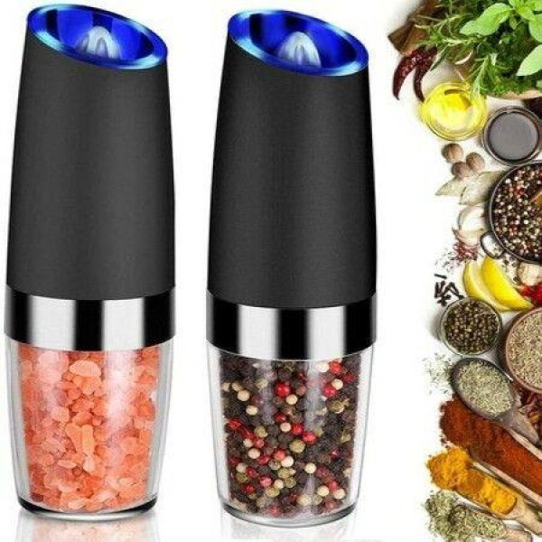 Gravity Electric Grinder Set of 2 Automatic Pepper and Salt Mill with Blue LED Light Adjustable Coarseness