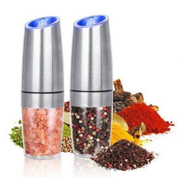 Gravity Electric Grinder Set Of 2 Automatic Pepper And Salt Mill Grinder With Blue LED LIGHT Electric Pepper Mill With Adjustable Coarseness Refillable Salt And Pepper Shaker Pepper Grinder (Silver 2 Pack)