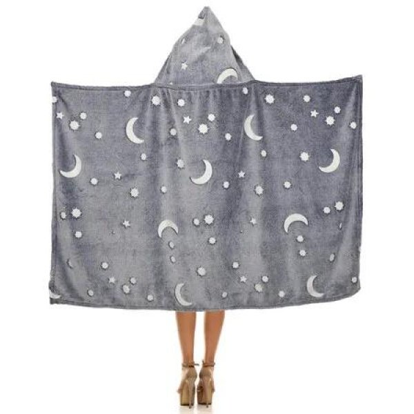 Gray Star And Moon Glow in The Dark Cozy Wearable Blanket Hooded Throw Gaming Comfort Soft Shawl Wrap Warm Nap Quilt For Man Woman