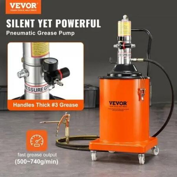 Grease Pump 20L 5 Gallon Capacity Air Operated Grease Pump with 3.88 m High Pressure Hose and Grease Gun Pneumatic Grease Bucket Pump with Wheels Portable Lubrication Grease Pump 50:1 Pressure Ratio