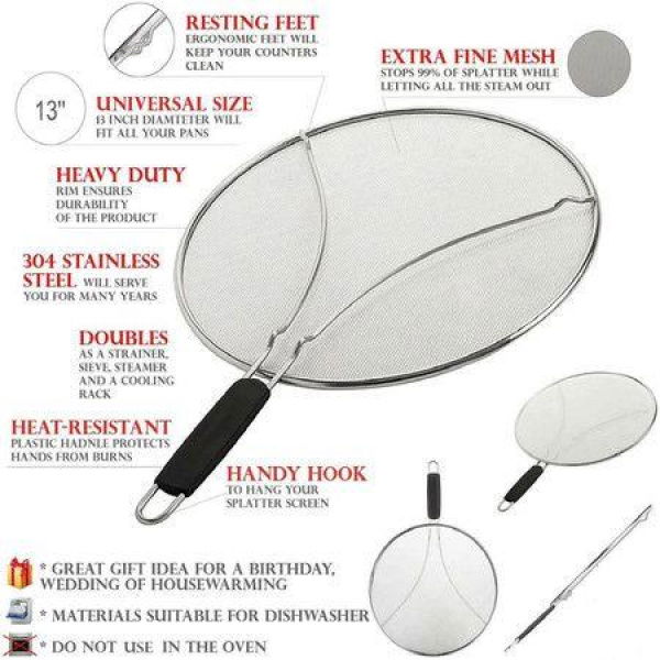 Grease Splatter Screen For Frying Pan 13-inch. Stops 99% Of Hot Oil Splash. Protects Skin From Burns. Splatter Guard For Cooking Stainless Steel.