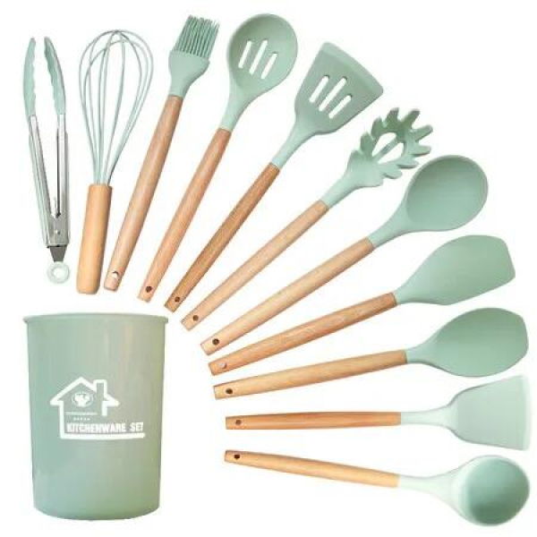 Green 12 PCS Set NonStick Silicone Spatula Soup Spoon Food Grade Kitchenware High Temp Resistant Heat
