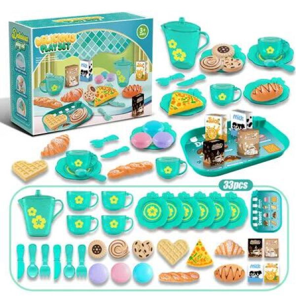 Green 33 PCS Play House Kitchen Tableware Tea Set Toy Storage Box Afternoon Tea Dessert