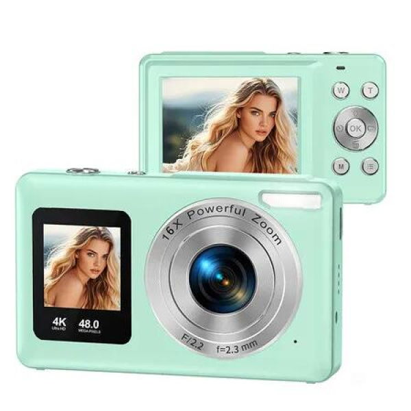 Green 4K HD Digital Camera Portable Dual Screen Travel Photography Kids & Girls Gift Student Camera (32G Memory Card Included)