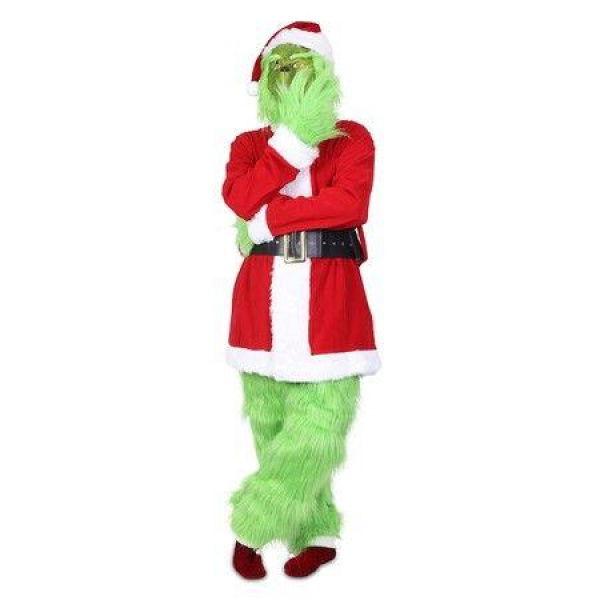 Green Deluxe Monster Costume for Men 7PCS Adult Santa Suit Set Furry Christmas Santa Claus Outfit Size XL