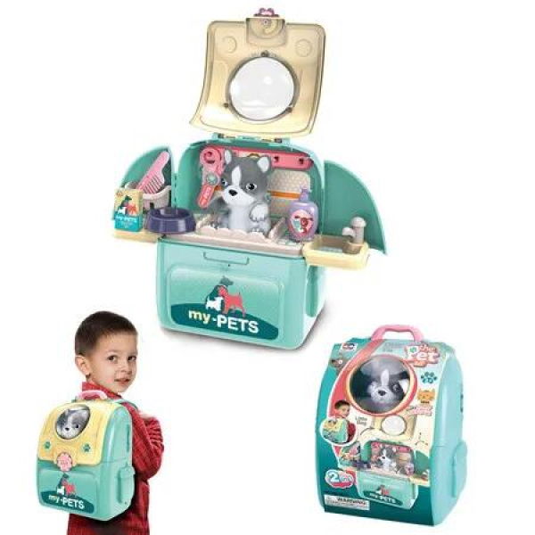Green Dog Grooming Toys 2 In 1 Backpack Pet Toy Space Schoolbag Pet Care Pretend Toys For Kids Gifts for Girls Boys 3-7 Years Old