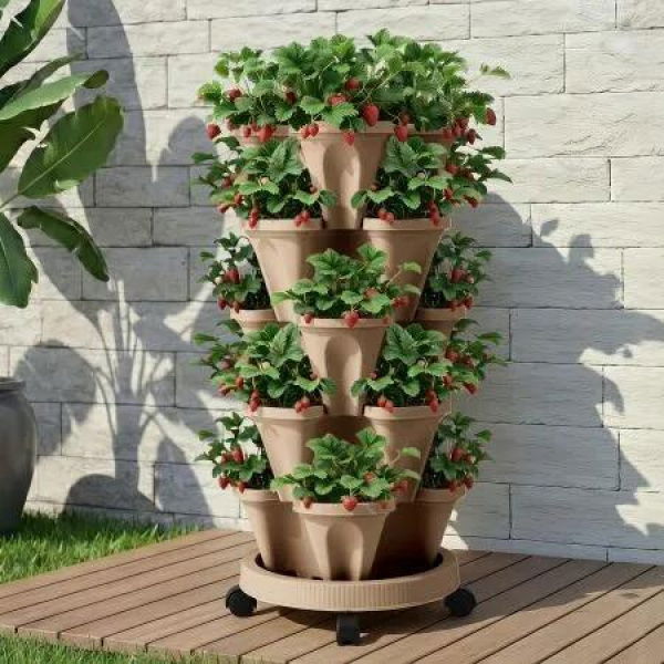 Green Fingers Garden Bed 5 Tier Vertical Garden Grey Strawberry Stackable Planters Herb Petunias Tan