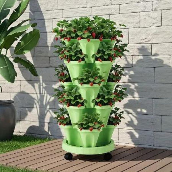 Green Fingers Garden Bed 5 Tier Vertical Garden Grey Strawberry Stackable Planters Herbs Light Green