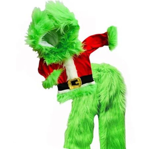 Green Furry Monster Christmas Cosplay Costume Hooded Santa Claus Top and Fuzzy Pants Set for Kids Boys and Girls Size M 120cm