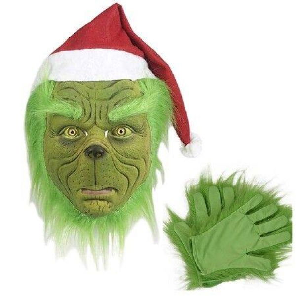 Green Monster Christmas Mask with Red Hat and Gloves Festive Costume Accessory