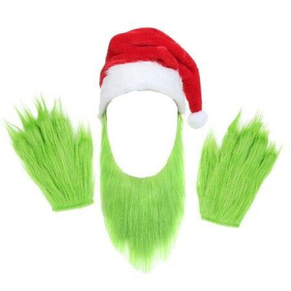 Green Monster Costume Green Beard Santa Hat with Green Furry Gloves for Halloween Christmas Xmas Cosplay Outfit