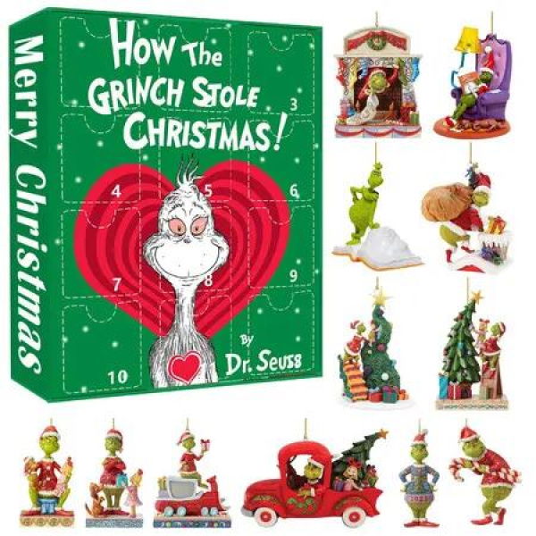 Green Monster Grinch Advent Calendar Set of 12 Cute Cartoon Figures Dolls for Christmas Holiday Stocking Stuffer GJ171-001