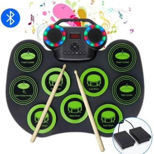 Green Patterned Portable Electronic Drum Kit Hand Rolled Flashing Bluetooth Drum with Speaker